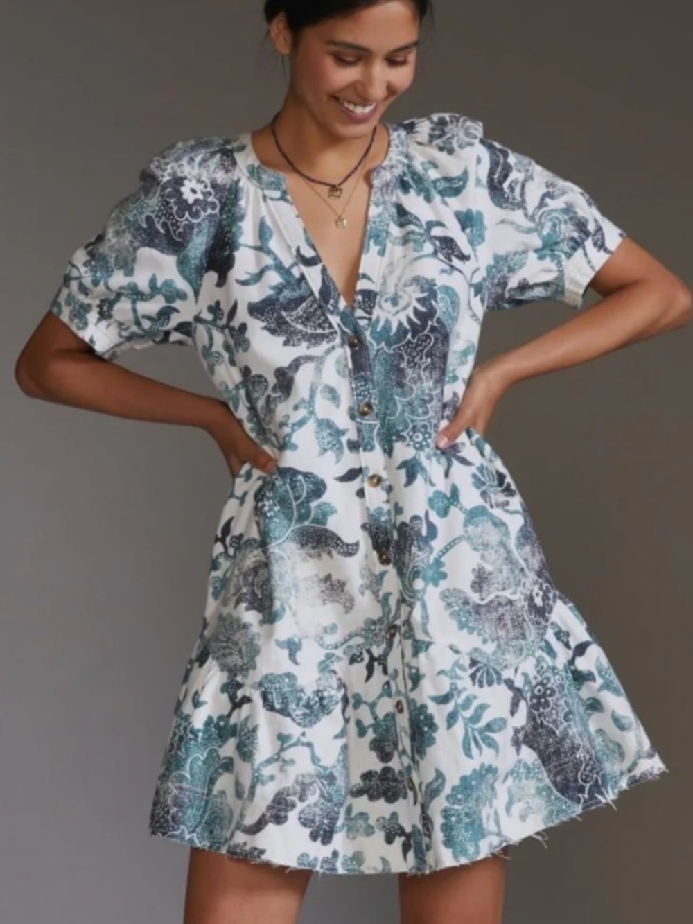 Free People Pilcro Floral Mini Dress Cotton Linen Blend Blue Size Medium